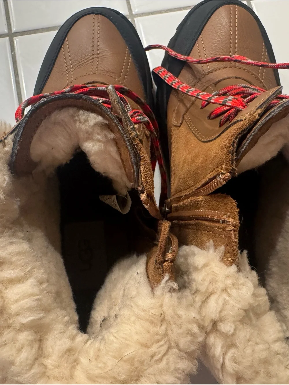 UGG Women's Brown Shearling-Lined Winter Boots with Plaid Laces